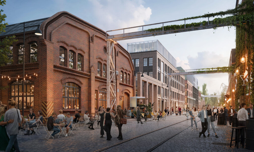 Współczesna dzielnica mieszkaniowa w historycznym krajobrazie stoczniowym