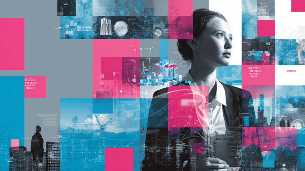 FOMO? Jak nie zwariować w Architekturze XXI wieku. Kolaż – z jednej strony futurystyczne wizualizacje AI i zaawansowane technologie, z drugiej tradycyjna budowa i AutoCAD