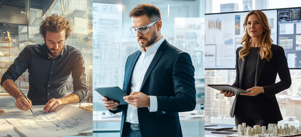 timeline visualization, horizontal layout, three stages clearly separated stage 1 (left): "1.0", icon of an architect master with a feather pen, classical silhouette, craft-focused posture, subtle historical reference, monochrome line icon style stage 2 (center): "2.0", icon of a technical draftsman holding a measuring tape, precise and mechanical posture, industrial-era reference, clean outline icon style stage 3 (right): "3.0", icon of an architect as a navigator, working at a computer, abstract compass or navigation elements integrated into the screen, modern posture, strategic role, minimal tech icon style thin continuous timeline line connecting all stages, clean white background, strong negative space, Swiss graphic design influence, editorial infographic style, balanced proportions, minimal color palette (black, grey, one subtle accent), no clutter, no realism, no gradients, no logos, no watermark --ar 16:9