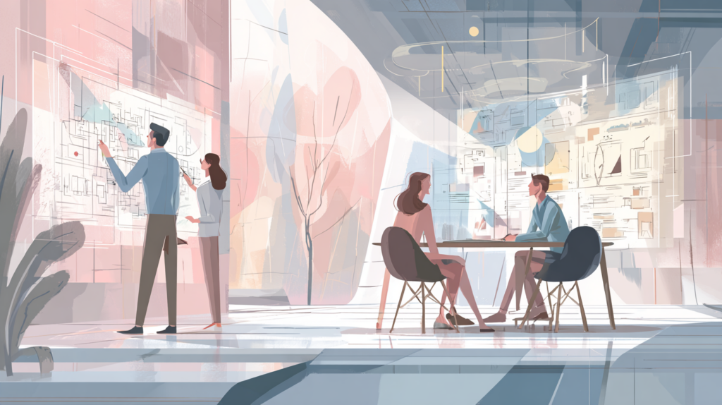 A cinematic, editorial-style illustration of a smart architect during a discovery meeting with a client. The architect is animated, pointing to conceptual sketches, holographic models, or digital overlays that visualize design ideas and insights. The client is engaged, observing and interacting with the emerging concepts. The setting is a modern office or studio with clean lines, subtle architectural elements, and soft natural lighting. Emphasis on collaboration, insight, and creative problem-solving, professional and dynamic aesthetic