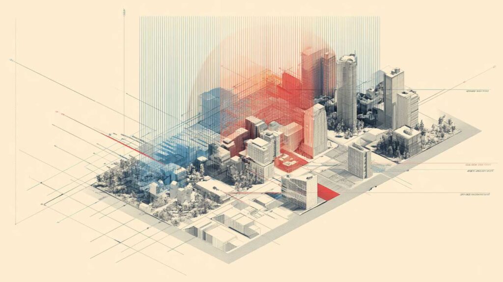 A clean, conceptual data visualization illustration showing the structure of the architectural studio market. The chart is abstract rather than literal: small studios and large firms are represented as stable, well-defined shapes at opposite ends, while mid-sized studios appear compressed, distorted, or under visible pressure in the center. Subtle directional forces or gradients push inward from both sides, symbolizing market pressure on the middle segment