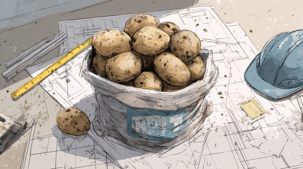 A conceptual, slightly ironic editorial illustration symbolizing cheap, low-value architectural design. A rough sack of potatoes sits on a construction table or urban ground plane, tagged or treated like a “design product.” Around it, minimal architectural cues—blueprint fragments, a ruler, a hard hat—highlight the absurd comparison. The potatoes suggest mass, sameness, and lack of care, contrasting with the expectations of thoughtful design. Muted colors, subdued lighting, realistic yet metaphorical style, suitable for a critical architecture article,