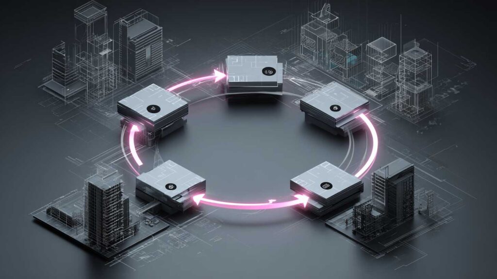 A cyber-inspired editorial illustration of an integrated designer’s checklist with five distinct steps. A holographic interface displays five clearly separated modules or nodes arranged in a logical sequence or circular flow, each subtly highlighted to indicate progression. Glowing connectors link the steps, forming a coherent system. Surrounding the interface are abstract architectural models, BIM fragments, data streams, and digital grids, reinforcing integration across disciplines. Futuristic, high-tech aesthetic with controlled neon accents on a dark, minimal background