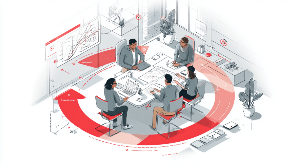 A professional editorial illustration showing a meeting that drives an improvement loop. In the foreground, a group of architects or designers collaborates around a table with sketches, digital models, and laptops. Above or beside them, a semi-transparent, stylized diagram of a circular improvement loop floats, connecting steps like Analysis → Discussion → Implementation → Review → Feedback. Subtle visual links connect the team’s activity to the diagram, emphasizing the iterative process. Realistic, modern office or studio setting, soft natural lighting, neutral professional color palette, clear and structured composition