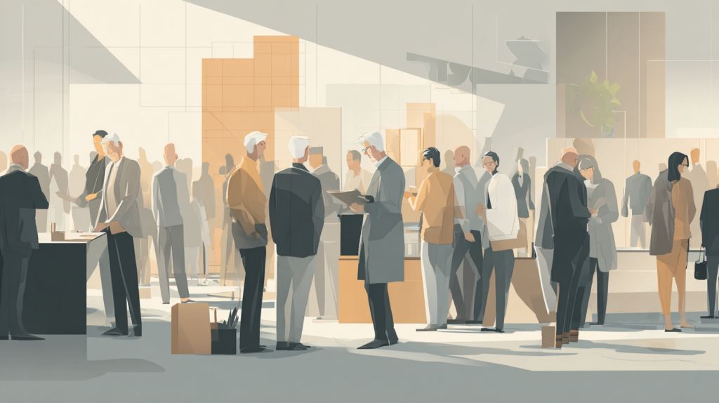 A professional, realistic editorial illustration of architects networking at a conference. Multiple figures in business-casual attire are engaged in discussions, exchanging ideas, and reviewing portfolios or digital presentations. The setting is a modern conference hall or exhibition space with architectural models, screens, and subtle branding elements in the background. Focus on collaboration, professional connections, and knowledge exchange, natural lighting,