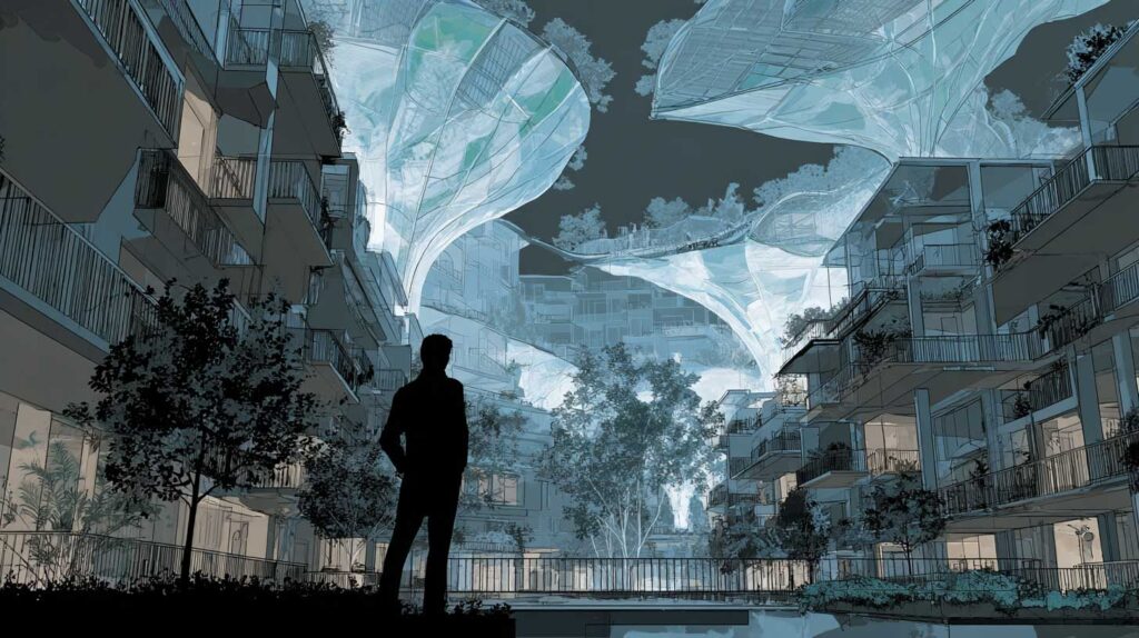 A single, cinematic architectural illustration. In the foreground, a dull, monotonous developer-built residential block--gray, repetitive façades, flat lighting, uninspired massing. In contrast, an architect stands nearby or in silhouette, gazing toward an imagined future: a semi-transparent, visionary layer of futuristic architecture emerging from their thoughts--organic forms, innovative materials, sustainable design, advanced technology. The future architecture appears brighter, lighter, and more dynamic, as if projected or sketched in the air. Strong contrast between present-day banality and visionary ambition, moody yet hopeful atmosphere, editorial style for an architecture and design article.