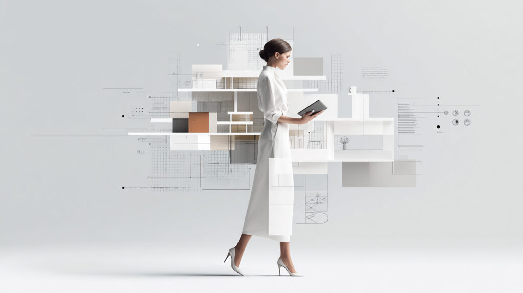 Minimalist conceptual illustration of a modern female architect combining deep technical expertise with broad business and strategic competence central figure: confident contemporary female architect, calm and focused expression, modern professional appearance, clean tailored outfit, subtle executive presence, holding a thin architectural drawing set or material sample in one hand and a sleek digital tablet in the other vertical visual axis aligned with the figure: layered architectural elements arranged in depth, including floor plan fragments, section cuts, structural logic, refined construction details, material textures, precise joints, symbolizing deep mastery of design and construction horizontal visual axis extending left and right from the figure: abstract strategic and business symbols, including simplified charts, financial blocks, communication nodes, timelines, technology interfaces, subtle data flows, symbolizing economics, business thinking, communication, and technology clear visual hierarchy: vertical depth versus horizontal breadth, forming an implicit cross-like composition without explicit shapes or letters clean white or very light background, strong negative space, Swiss and contemporary architectural graphic design influence, editorial business illustration style, flat design with subtle depth, restrained neutral color palette with one soft accent, premium, calm, future-oriented atmosphere