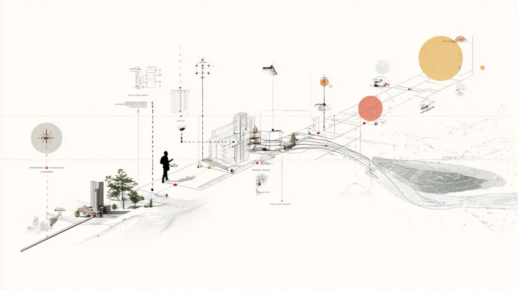 Minimalist conceptual map visualization of the building investment process, shown as a continuous route a clean, flowing path resembling a map or journey, marked by sequential symbolic checkpoints connected by a thin line starting checkpoint: abstract terrain marker with a compass, site contours and early conceptual sketch elements, symbolizing exploration and pre-development next checkpoint: geometric architectural forms combined with drafting symbols, modular grid and floor plan fragments, symbolizing design and planning following checkpoint: solid structural frame, crane silhouette, modular construction elements, symbolizing construction and execution final checkpoint: completed building form integrated with its surroundings, soft human-scale dots, greenery, light waves or subtle data rings, symbolizing building in use and long-term life cycle guiding presence: architect as a navigator, minimal human silhouette interacting with a compass and a digital tablet, positioned slightly above the route, overseeing and guiding the journey clean white or very light background, strong negative space, Swiss graphic design influence, editorial infographic style, flat design with subtle depth, restrained neutral color palette with one soft accent, no text, no numbers, no arrows, no logos, no watermark