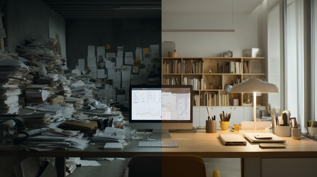 Split-screen comparison, left side: stressed architect in a cluttered office, chaotic piles of paper drawings, documents, invoices, messy desk, visual noise, analog tools, dim and cold lighting, feeling of overload and confusion, realistic architectural studio, muted and dirty color palette right side: calm, confident architect in an ultra-clean, minimal architectural office, perfect visual order, empty surfaces, only essential elements, large desk with a single laptop, transparent digital dashboard floating above the desk, showing simplified project workflows, timelines, KPIs, AI-assisted insights, minimal UI, soft neutral colors, white, light grey, warm wood accents, natural daylight, strong sense of clarity, focus, and control extreme contrast chaos vs order, before vs after transformation, premium business aesthetic, architectural minimalism, Swiss design influence, cinematic realism, ultra-detailed, sharp focus, no text, no logos, no watermark