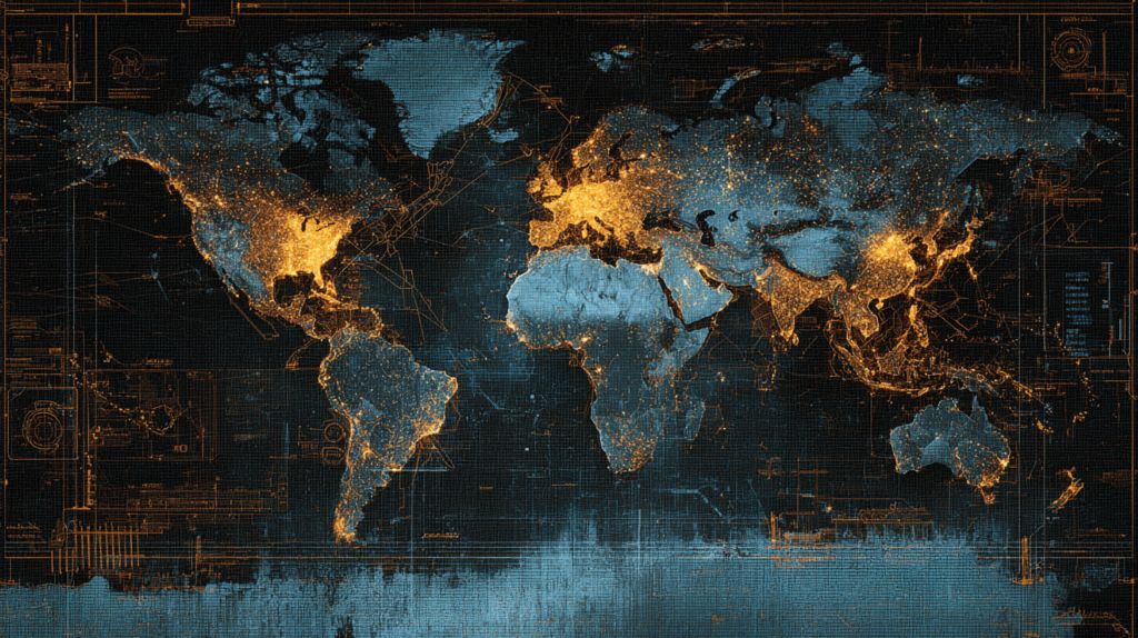 A high-resolution, editorial-style illustration of a world map viewed from above, dark and minimalistic in tone. Bright, glowing points and clusters of light are concentrated in selected regions, symbolizing centers of advanced architectural technology and innovation, while large areas remain dim or unlit, emphasizing global inequality in technological development. Subtle overlays of architectural elements—abstract building silhouettes, grid lines, and faint technical drawings—blend into the map. Clean, professional aesthetic suitable for an architecture and technology article, neutral color palette with cool blues and whites, no text, no labels.